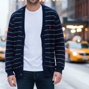 Ralph Lauren Classic Blue/Tan Pima Cotton Cardigan size L